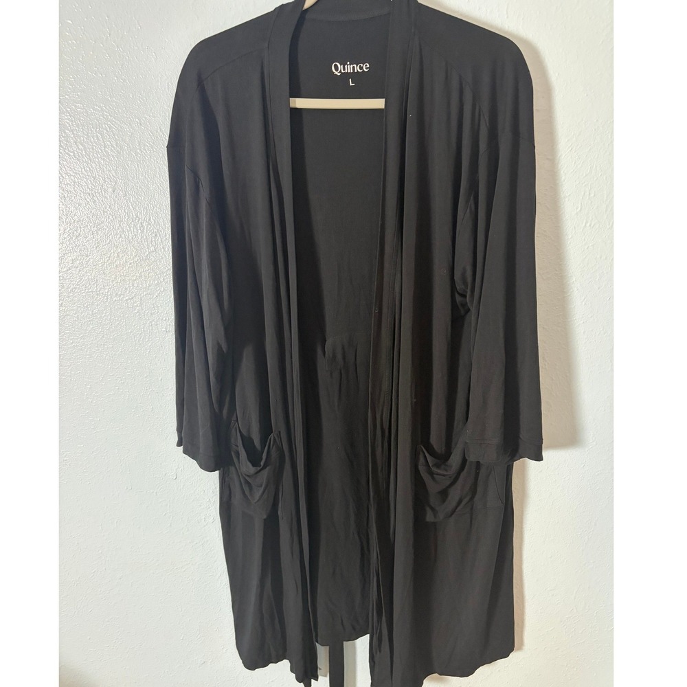 Quince Bamboo Robe Black Long Sleeve Pockets Loungewear Large Quiet Luxury Cozy